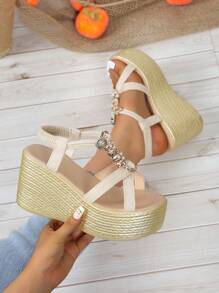 Women's Wedge Sandals With Rhinestone Buckle Decor Elastic Band, Lightweight Faux Linen Rope Bottom Waterproof Platform Thick Heel Pumps Valentines - Beige - View 1