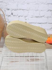 Women's Wedge Sandals With Rhinestone Buckle Decor Elastic Band, Lightweight Faux Linen Rope Bottom Waterproof Platform Thick Heel Pumps Valentines - Beige - View 6