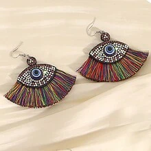 2pcs Bohemian  Earrings, Velvet Eye-Shaped Earrings With Tassels And Rhinestone Decoration, Suitable For Women And Girls