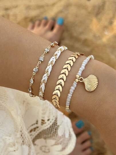 4pcs Beachy Casual Vacation Style Shell & Beaded Alloy Rope Bracelet Set For Women, Dating Gift