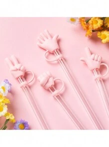 4Pcs Rock Paper Scissors Game Straw Cover Cap For  Cup, 10mm Reusable Cute Pink Drinking Straw Topper Accessories, Portable Protector Plugs Decorations Gifts For Party Favors - Multicolor - View 6