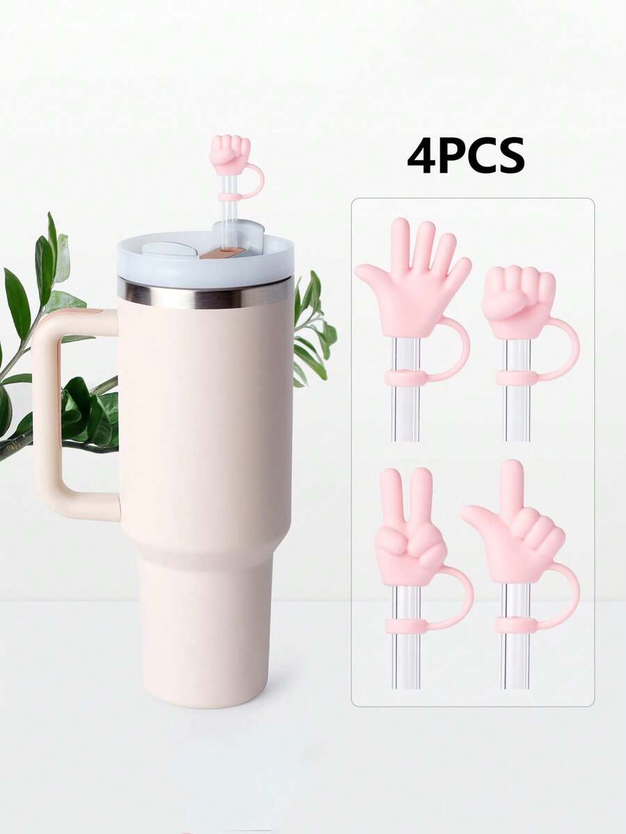 4Pcs Rock Paper Scissors Game Straw Cover Cap For Cup, 10mm Reusable Cute Pink Drinking Straw Topper Accessories, Portable Protector Plugs Decorations Gifts For Party Favors - Multicolor - View 1