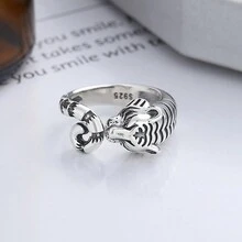 1件优雅复古老虎款霸气十足戒指S925银戒指开口可调节，适合女性日常佩戴 - 銀色 - 查看 8