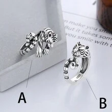 1件优雅复古老虎款霸气十足戒指S925银戒指开口可调节，适合女性日常佩戴 - 銀色 - 查看 2