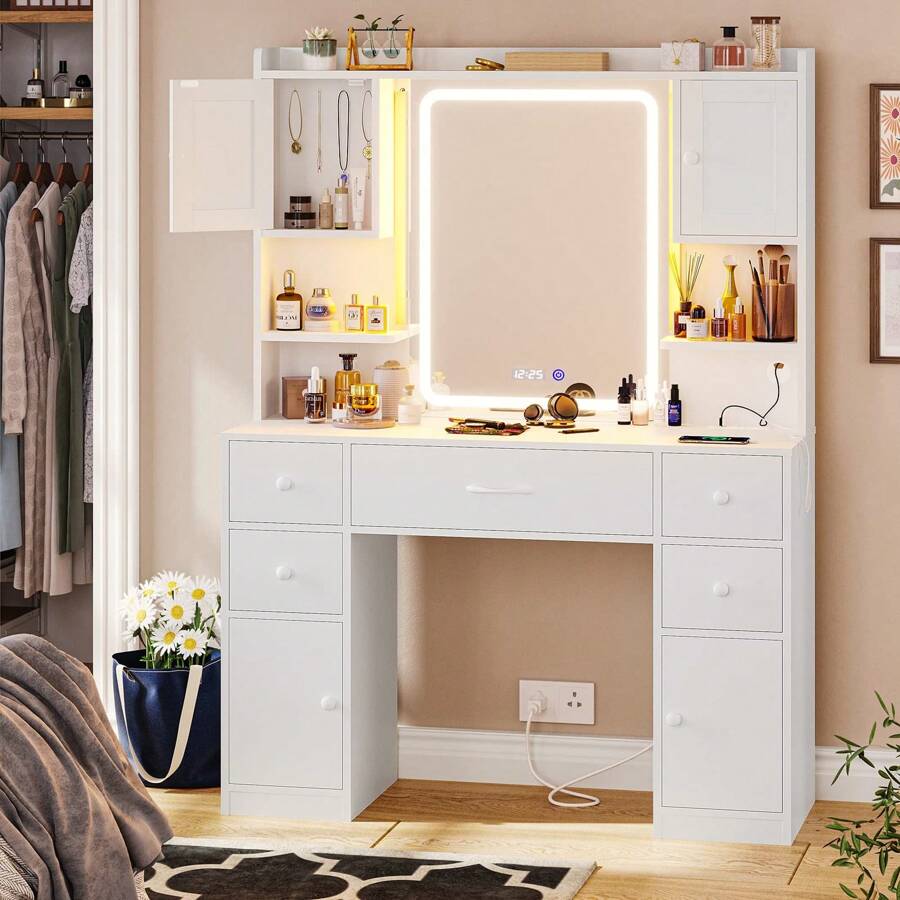 Vanity Table With Storage Drawers, Makeup Desk With Charging Station And LED Lighted Mirror, White