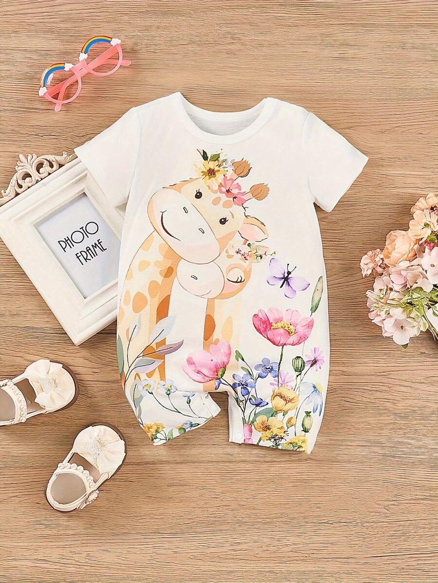 Baby Girl Casual Giraffe Print Sleeveless Romper, Infant Summer Outfit - White - View 1