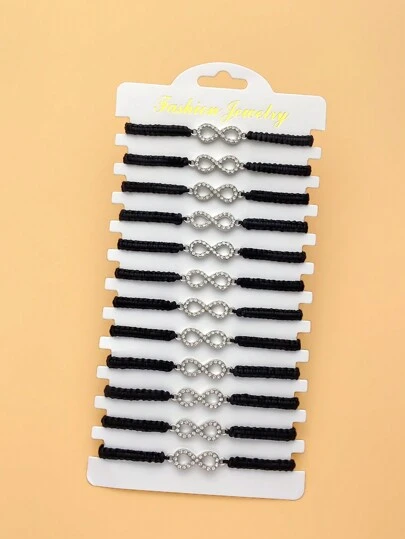 LORRILIA 12pcs Pack Of Ubias Ring Infinite Love Red Rope Black Rope Couple Lucky Flat Knot Bracelet Family Sharing Pack Valentines