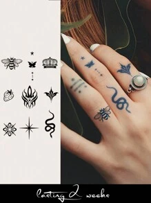 CAT QUEEN ART Tatuaje temporal de jugo herbal con pequeños patrones Y2K, a la moda y personalizado, dura de 7 a 14 días sin despintarse o deslumbramiento, adecuado para dedos, orejas, hombros, cuello, clavículas y Body, 1 hoja/paquete - Azul - Ver 2