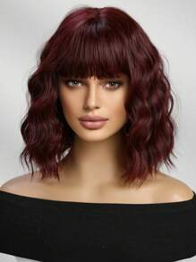 Wine Red 14inch Bob Wigs For Women Curly Wavy Wigs With Bangs Short Heat Resistant Synthetic Wigs For Party Costume Daily Wear Music Festival Colorful Wigs - Màu Đỏ Sâu - Xem 5