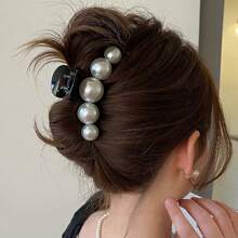 1 pieza Pinza de pelo de color albaricoque elegante y de moda con una gran perla falsa, estilo pinza de pelo, adecuado para uso diario, citas y vacaciones
