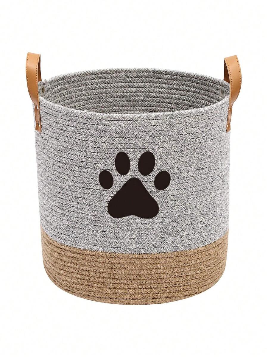 1入編織彩色區塊卡通收納籃，帶皮革手柄，狗狗玩具收納盒，洗衣籃，玩具整理箱 - 彩色 - 查看 1