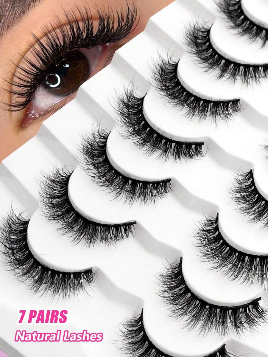 Asiteo 7 Pairs Natural Long Fake Eyelashes, Reusable Soft Volume Lashes, Fine Fiber Curling Holding Wispy Lashes Strip Lashes, Lashes, Eyelashes, Fake Lashes - Black - View 1
