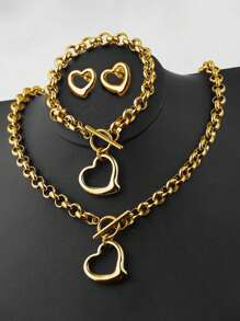 4 Pcs Stylish Personalized Design Simple Stainless Steel Love Necklace Bracelet Earrings Suitable For Holiday Gifts To Friends Valentines - Gold - View 11