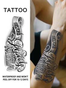 Tatouage temporaire de lettre anglaise avec décoration créative de style européen, imperméable à l'eau et à la transpiration, durée de 1 à 2 semaines, jus d'herbes réaliste et faux noir non réfléchissant tatouages ​​pour hommes, Autocollants de tatouage pour bras, poitrine, jambe, art corporel moderniste.