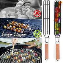 1 Giỏ BBQ Chống Dính Di Động Để Nướng Thịt Và Rau Củ Bằng Than, Hoàn Hảo Cho Cắm Trại Ngoài Trời Và Nấu Ăn Dã Ngoại - Gỗ đỏ - Xem 4