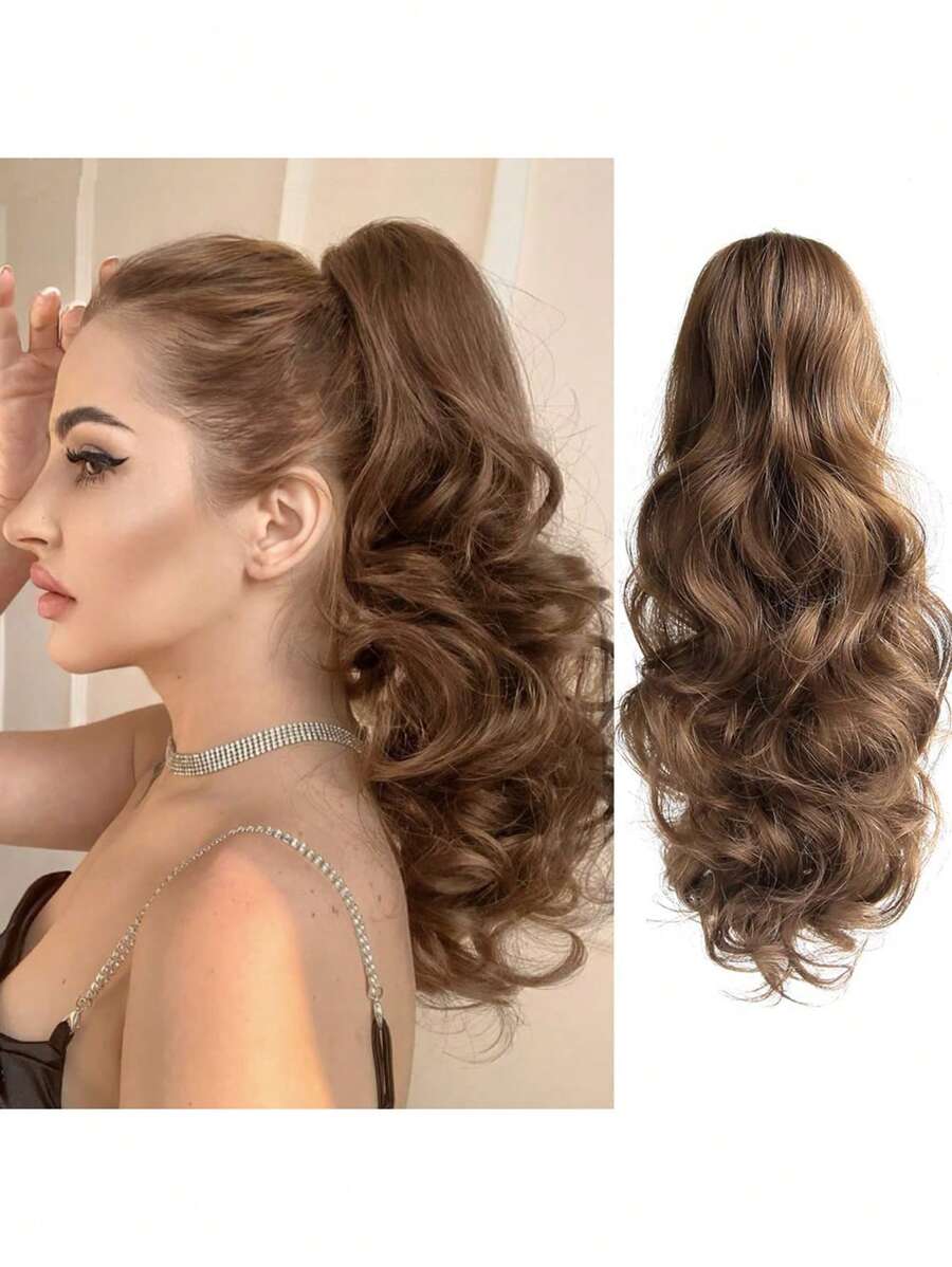 Cola de caballo en garra, peluca de cola de caballo sintética de 20 pulgadas con ondas, peluca diaria rizada para mujeres. Accesorios de cabello de color marrón claro o multicolor son opcionales para uso diario. - Marrón - Ver 1