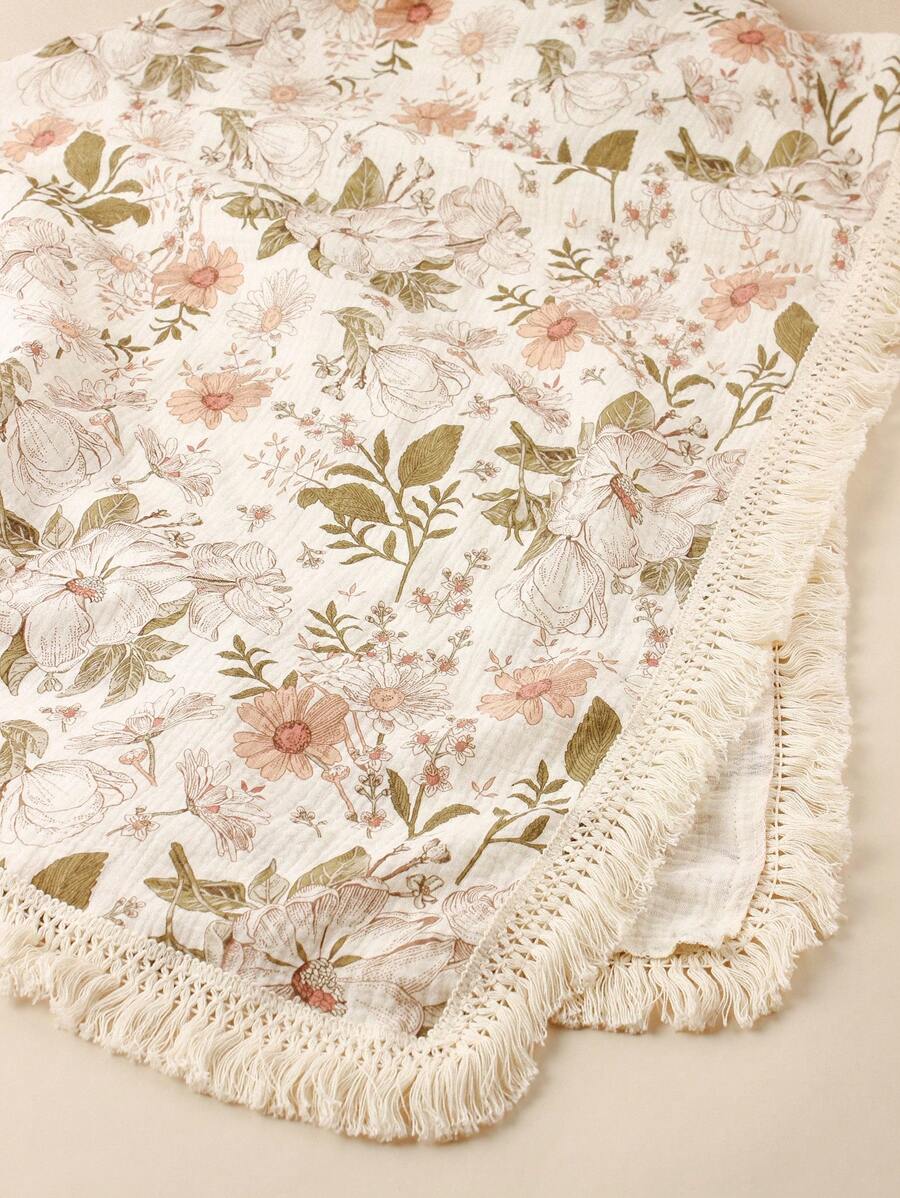 1pc Soft & Breathable Cute Boho Style Floral Print Tassel Trim Double Layer Cotton Gauze Blanket, Baby Stroller Cover, Bath Towel - Multicolor - View 1