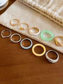 Bộ 5 chiếc nhẫn vẽ tranh sơn dầu cây nhựa đơn giản dành cho nữ - bộ nhẫn 5 chiếc - Xem 5