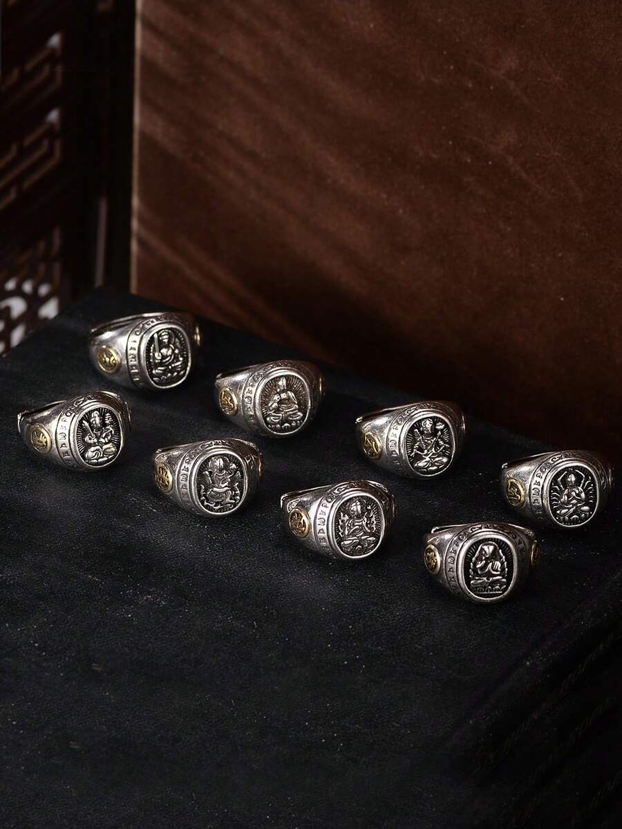 1 Tượng Phật Khắc Hoàng Đạo Trung Quốc 8 Nhẫn Phong Cách Retro, Unisex, Để Bảo Vệ, Cặp Đôi, Quà Tặng Cho Bạn Trai Và Bạn Gái, Tiệc, Đám Cưới, Đính Hôn, Trang Phục Hàng Ngày, Nhẹ Nhàng Và Đa Năng - Tám chiếc nhẫn hộ mệnh - Xem 1