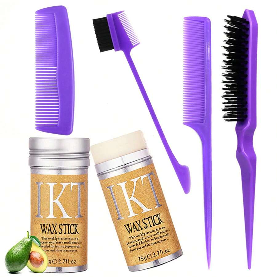 ikt 4入組紫色髮型梳套裝拉絲梳尾梳雙面梳邊刷,用於邊緣刷和背部刷,梳理和滑順女性嬰兒頭髮,1入髮蠟條適用於毛躁頭髮 - 紫色 - 查看 1
