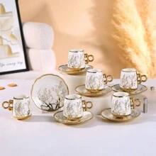 6 piezas Juego de taza y platillo de estilo europeo, borde dorado, taza de café y platillo de cerámica de 2.8oz, adecuado para desayuno, té de la tarde, fiesta de té, hogar, jardín, restaurante y otras ocasiones. Vajilla para verano e invierno, juego de taza y platillo, esencial para la temporada de regreso a clases.