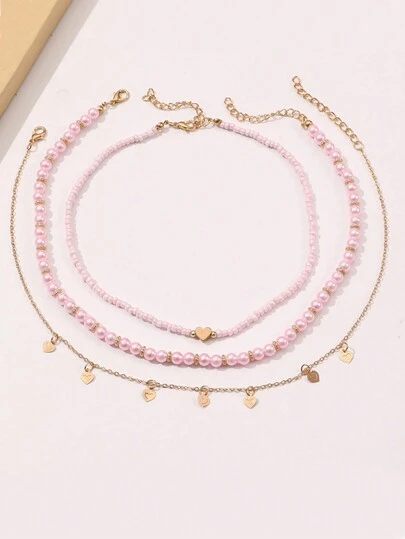 3 件套多层米珠和人造珍珠串珠心形吊坠项链套装，适合女孩日常佩戴
