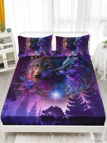 3入組紫色動物狼紋床上用品套裝（1床單+2枕套，不含枕芯），高清印花適用於家居和宿舍 - 彩色 - 查看 1