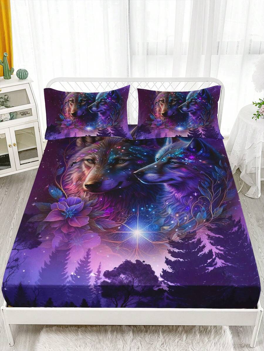 3入組紫色動物狼紋床上用品套裝（1床單+2枕套，不含枕芯），高清印花適用於家居和宿舍 - 彩色 - 查看 1