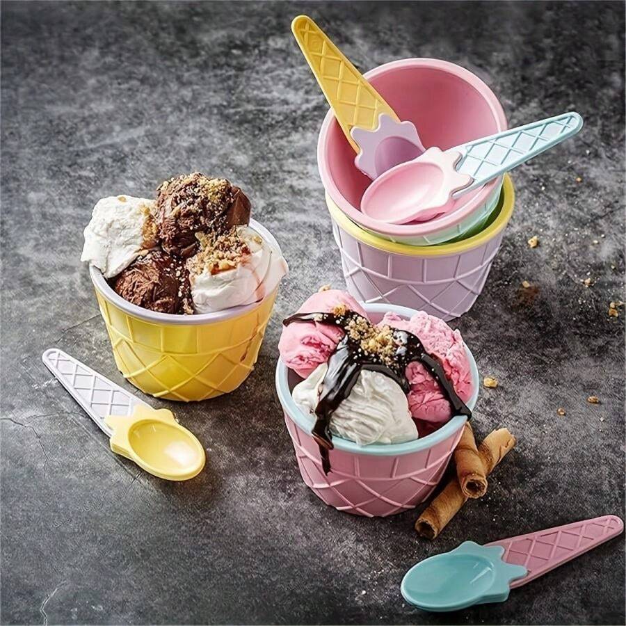 Ice Cream Dessert Sundae Bowls With Spoons, Small Reusable Ice Cream Cups Set, Plastic Ice Cream Dishes & Spoon Tableware Set, , Freezer & Dishwasher Safe, Lightweight For Birthday Parties - Default - View 1