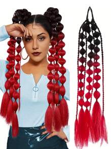 1 件 24 英寸渐变泡泡马尾合成接发，扭纹辫子配松紧带，适合派对、万圣节、圣诞节 - 漸層紅色 - 查看 2