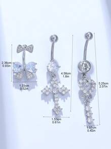 3 件镀银铜肚脐环套装，镶嵌奢华方晶锆石心形、领结和十字形状，适合女性情人节、圣诞节、万圣节、酒吧派对、感恩节、生日和日常佩戴情人节、妈妈、母亲、母亲节、礼物 - 銀色 - 查看 3