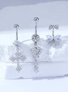 3 件镀银铜肚脐环套装，镶嵌奢华方晶锆石心形、领结和十字形状，适合女性情人节、圣诞节、万圣节、酒吧派对、感恩节、生日和日常佩戴情人节、妈妈、母亲、母亲节、礼物 - 銀色 - 查看 1