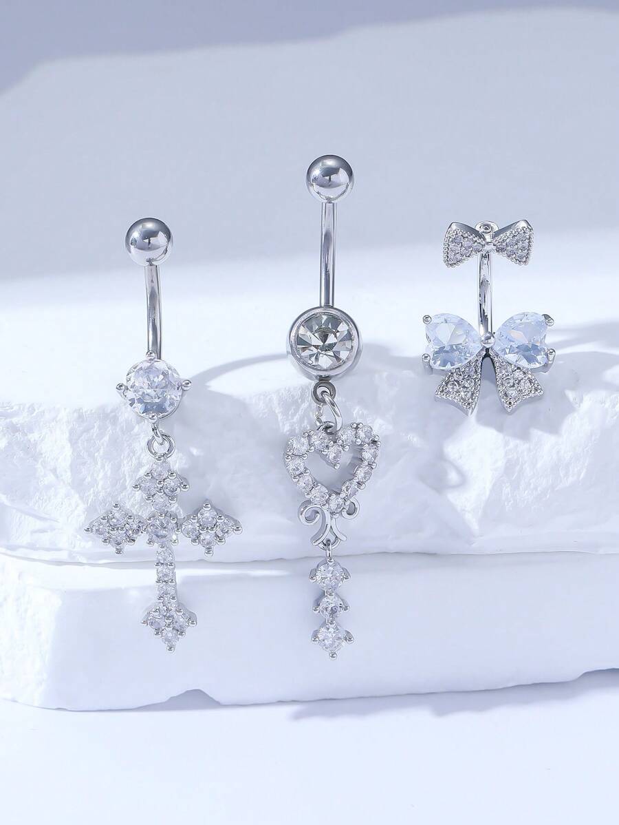 3 件镀银铜肚脐环套装，镶嵌奢华方晶锆石心形、领结和十字形状，适合女性情人节、圣诞节、万圣节、酒吧派对、感恩节、生日和日常佩戴情人节、妈妈、母亲、母亲节、礼物 - 銀色 - 查看 1