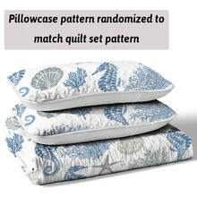 3入組海洋元素被套（1被套*1 + 枕套*2，不含內芯），海馬、貝殼、珊瑚印花，柔軟透氣，舒適寢具套裝，適用於臥室、宿舍、酒店客房裝飾 - 藍白色 - 查看 2