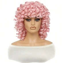 DZfirst 16 Inch Pink Curly Wig With Bangs, Heat Resistant Synthetic Fiber Wig, Suitable For Halloween And Christmas Costume Play - Pink - View 3