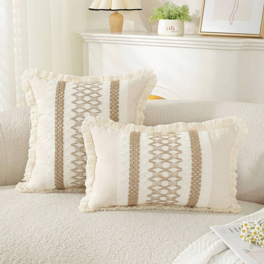 1pc Bohemian Style Tassel Cushion Cover For Sofa Home Decorative Pillow Case - Beige - View 1