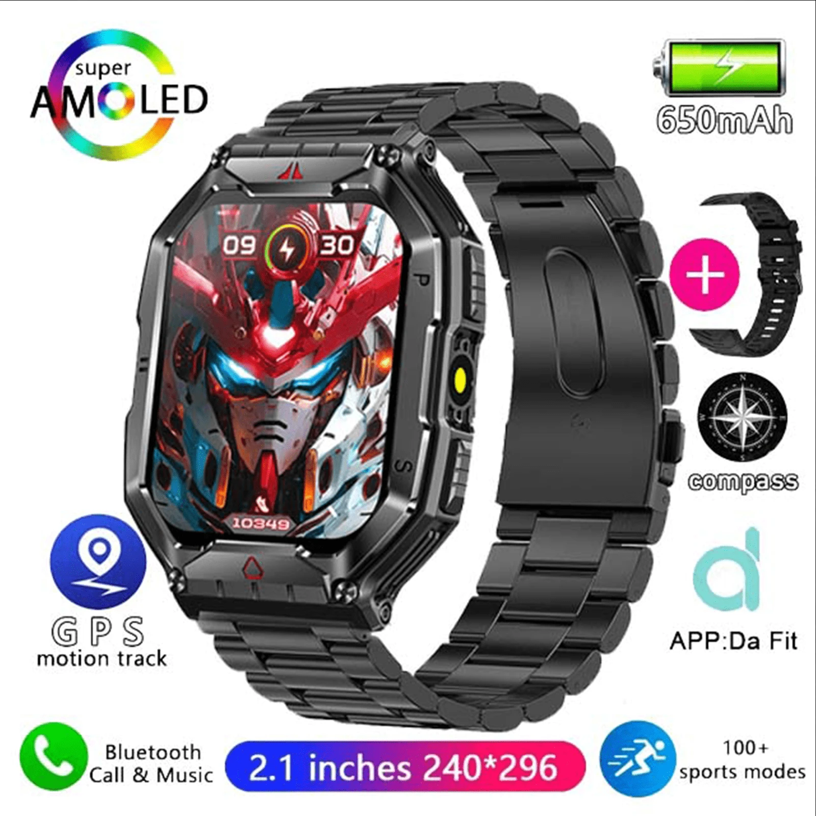 1入組戶外防水智能手錶，男女兒童通用，帶手電筒、650mAh電池，運動健身追踪、心率睡眠監測、藍牙通話和消息提醒，2024新款，適合生日禮物(黑鋼帶) - 鋼帶黑 - 查看 1