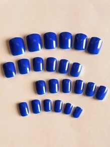 24 uñas postizas cuadradas cortas de color azul real sólido y brillante, incluyendo 1 pieza de pegamento de gelatina y 1 pieza de lima para uñas