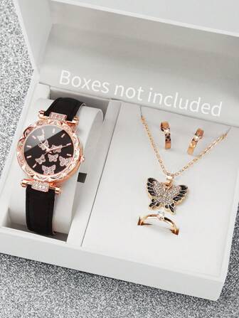 女士皮带时尚石英表，镶钻蝴蝶表盘 + 蝴蝶首饰套装（5 件/套）作为返校学生的礼物