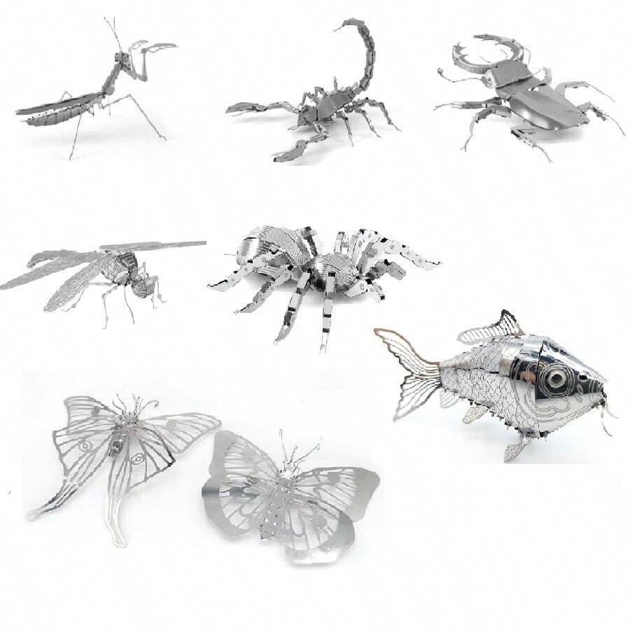 1pc Stainless Steel 3D DIY Puzzle Model Of Dragonfly & Praying Mantis, Metal Puzzle For Car Interior, Desk Decoration,3d Puzzle,Puzzle,Metal Puzzle,3d Puzzle,Puzzle,Metal Puzzle