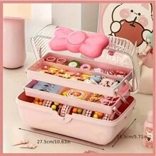 1pc 3-Tier Bowknot Hair Accessories Storage Box For Children, Portable Large Capacity Desk Makeup Organizer, Suitable For Hair Clips And Headbands Valentine Day