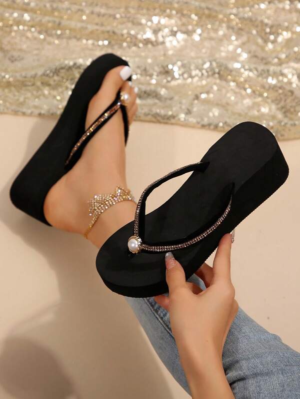 Women's Rhinestone Decorated Wedge Flip-Flops. Stylish, Lightweight And Comfortable Sandals For Outdoor Activities