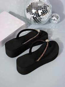Chanclas de cuña decoradas con pedrería para mujer. Sandalias elegantes, ligeras y cómodas para actividades al aire libre