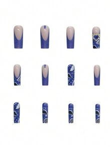 Phong cách Bohemian cổ điển 24 chiếc Dài Hình vuông Màu xanh Đại dương Thủ công bằng tay của Pháp Bộ mẹo vẽ móng tay hình trái tim kim cương dành cho sinh viên, bữa tiệc dành cho phụ nữ, khiêu vũ, hẹn hò, trang phục hàng ngày Bấm vào móng tay Đồ dùng làm móng - Nhiều màu - Xem 3