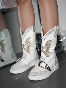 Women's Western Rhinestone Wing Ankle Boots With Buckle Trim - Lug Round Toe Low Heel For Special Events - White - View 1