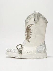Women's Western Rhinestone Wing Ankle Boots With Buckle Trim - Lug Round Toe Low Heel For Special Events - White - View 3