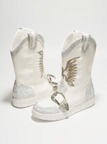 Women's Western Rhinestone Wing Ankle Boots With Buckle Trim - Lug Round Toe Low Heel For Special Events - White - View 2