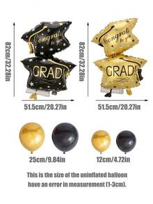 Set de 20 piezas de globos temáticos de graduación en negro y dorado, globos de forma de birrete de graduación, globos metálicos dorados de látex, perfectos para la decoración de la fiesta de la ceremonia de graduación. - Multicolor - Ver 2