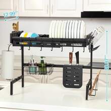 Over The Sink Dish Drying Rack (Expandable Height And Length),Adjustable Stainless Steel Kitchen Drainer Organizer For Plates,Cups, Knife,Utensils - Space,Saving Design,25.6-35.5 Inch