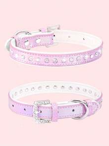 Rhinestone Decor Dog Collar, Adjustable Pet Collar With Color Block Leather For Small And Medium Dogs, Cat Collar - Purple - View 1